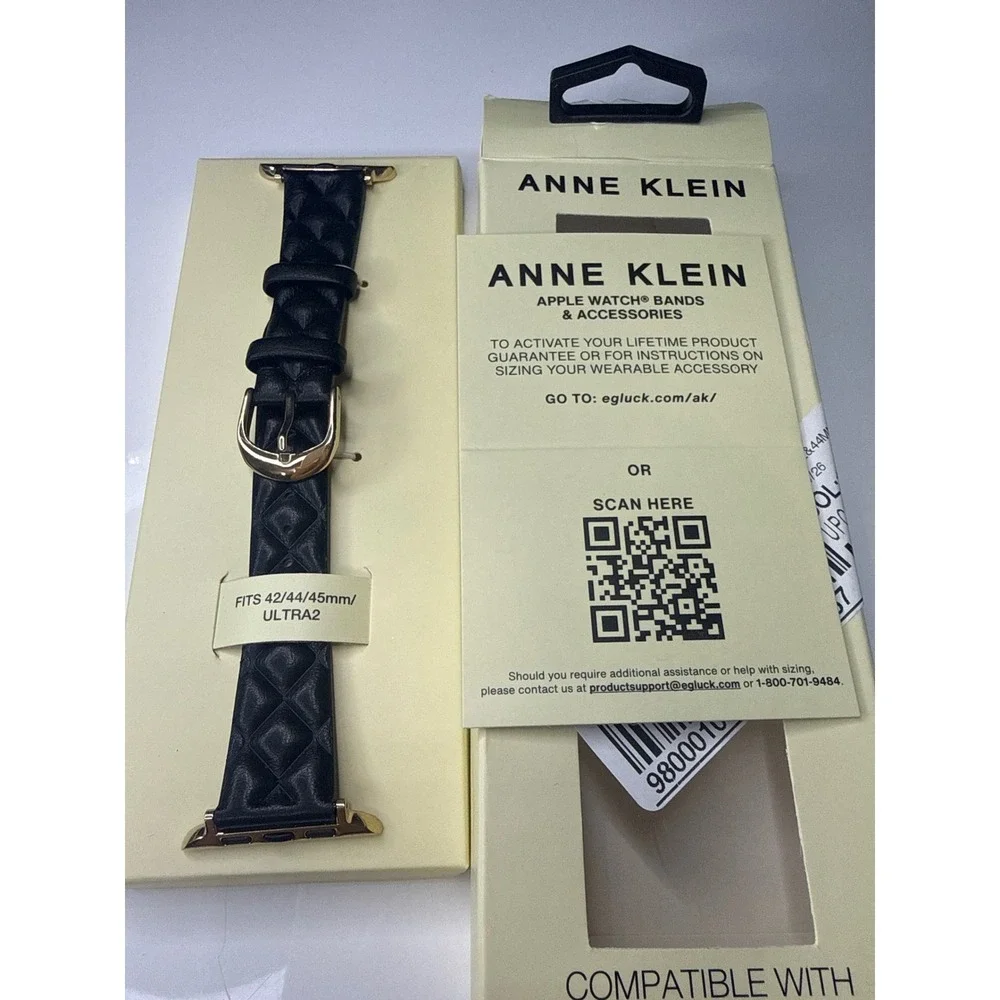 Anne Klein Black Quilted Leather Apple Watch Band 42/44/45mm Ultra 2 Gold Tone